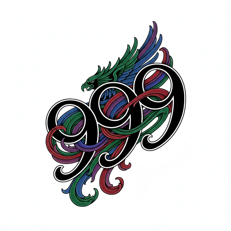 999 tattoo design, art nouveau flowing color style