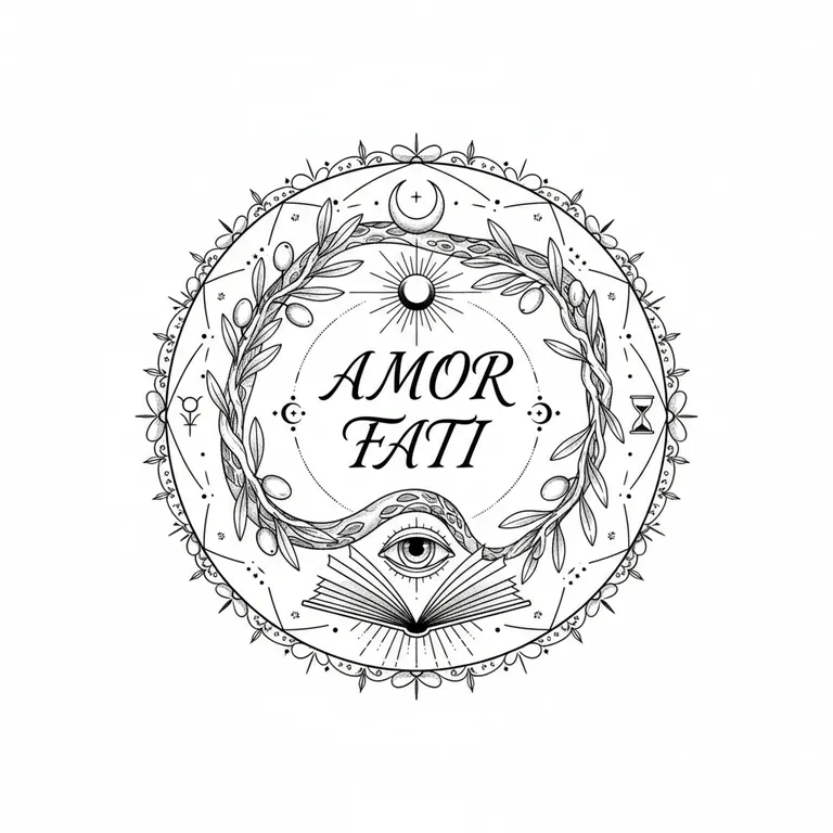 Amor Fati tattoo design, fine line black ink style