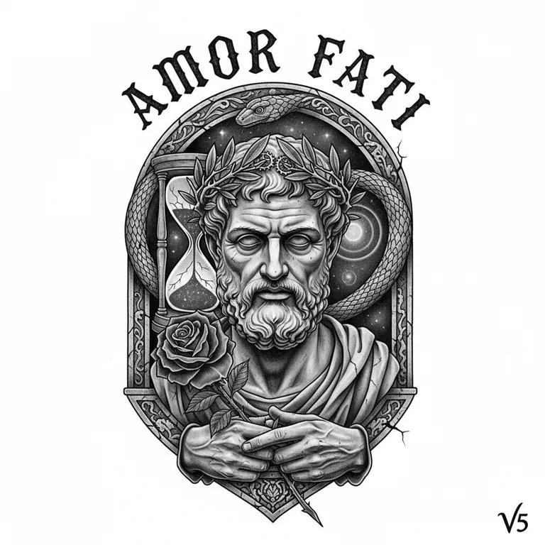 Amor Fati tattoo design, black and grey realism style