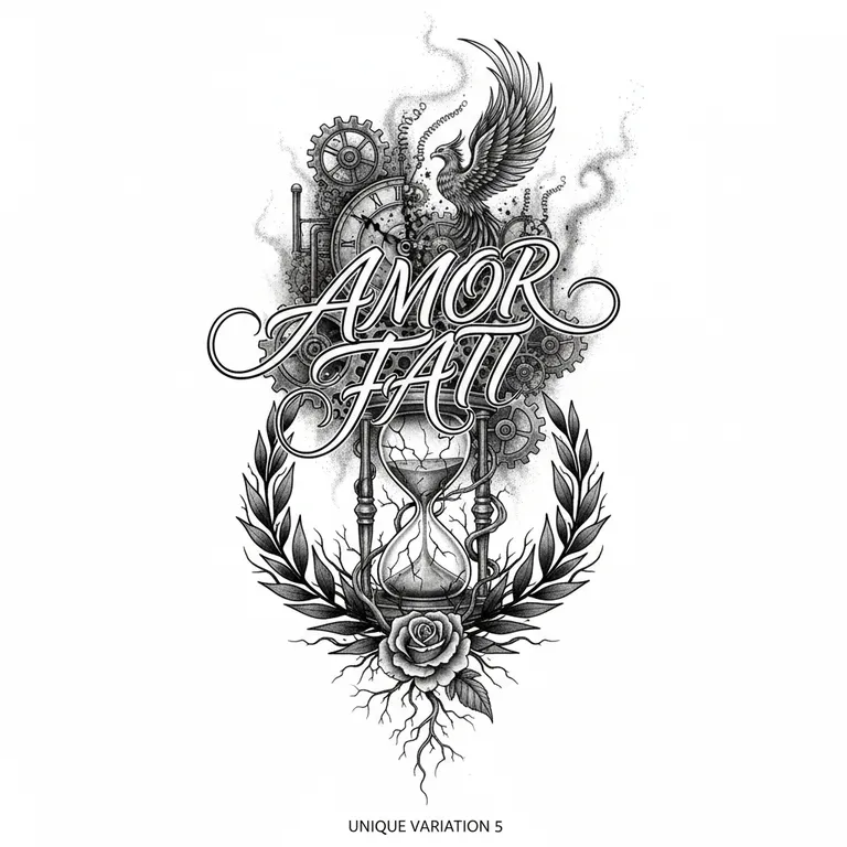 Amor Fati tattoo design, black and grey realism style