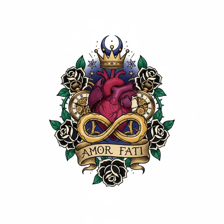 Amor Fati tattoo design, neo-traditional color style
