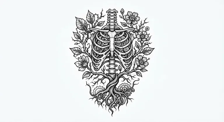 biomechanical botanical x-ray blackwork design