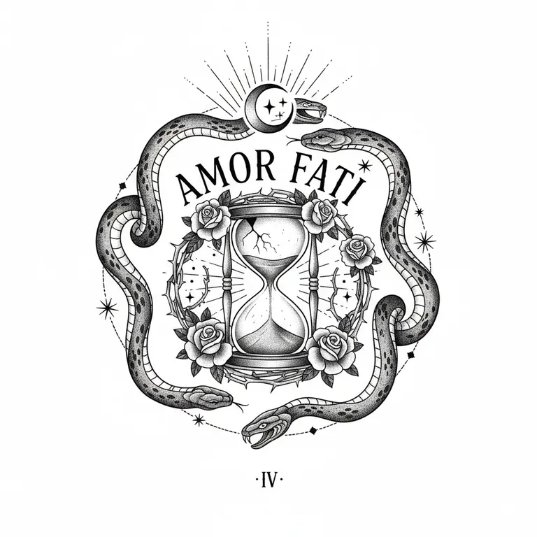 Amor Fati tattoo design, dotwork shading style