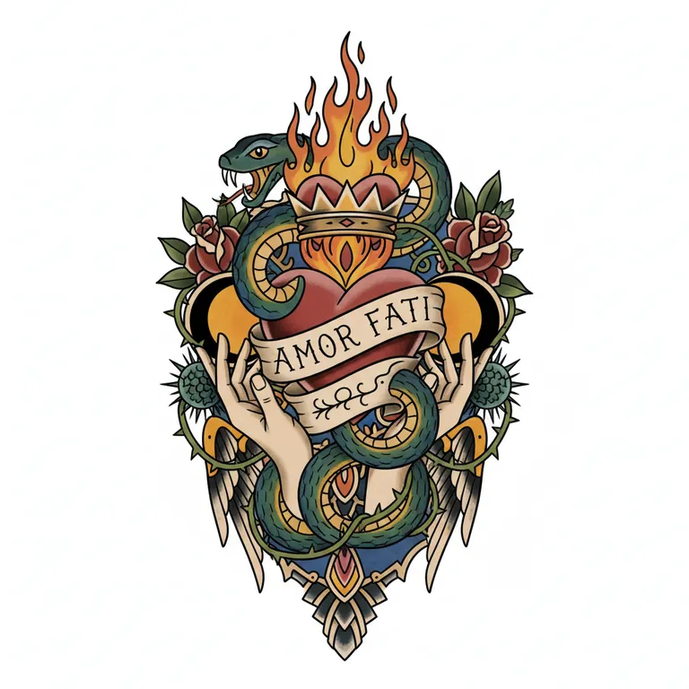 Amor Fati tattoo design, neo-traditional color style