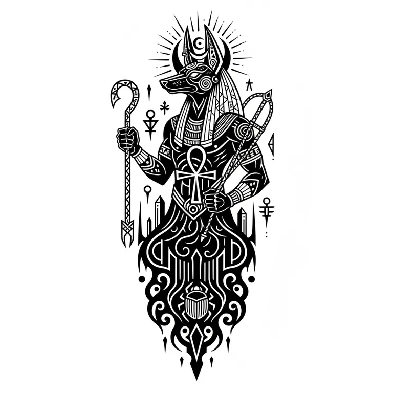 Anubis tattoo design, bold blackwork style