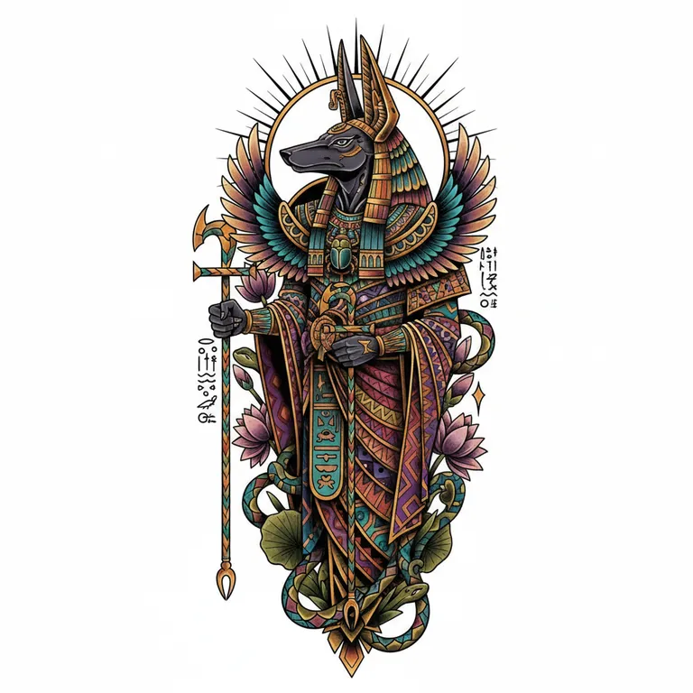 Anubis tattoo design, neo-traditional color style