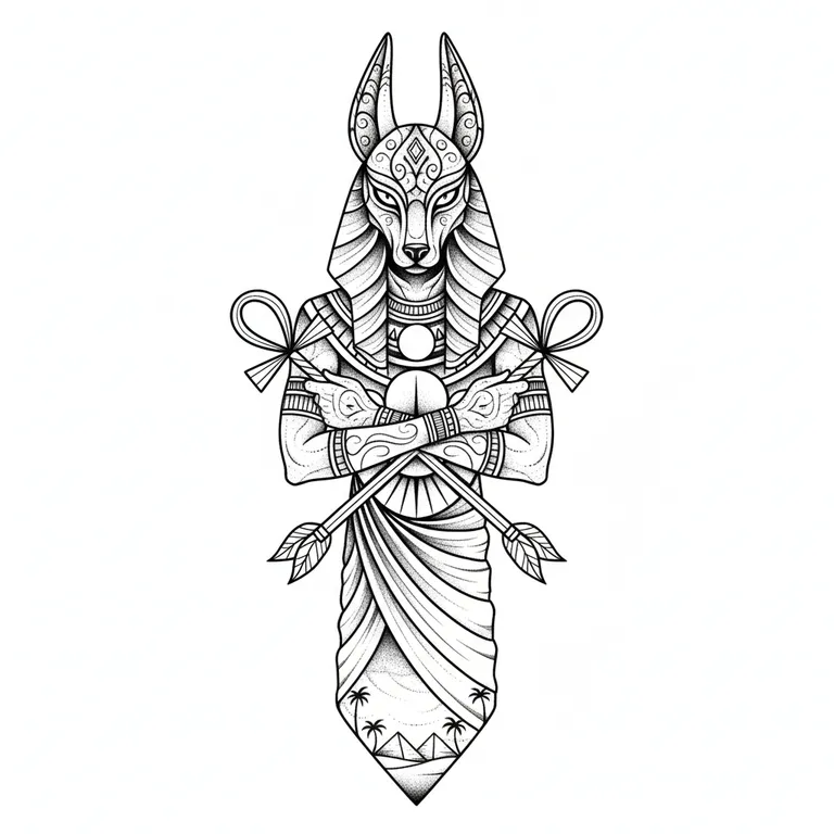 Anubis tattoo design, fine line black ink style