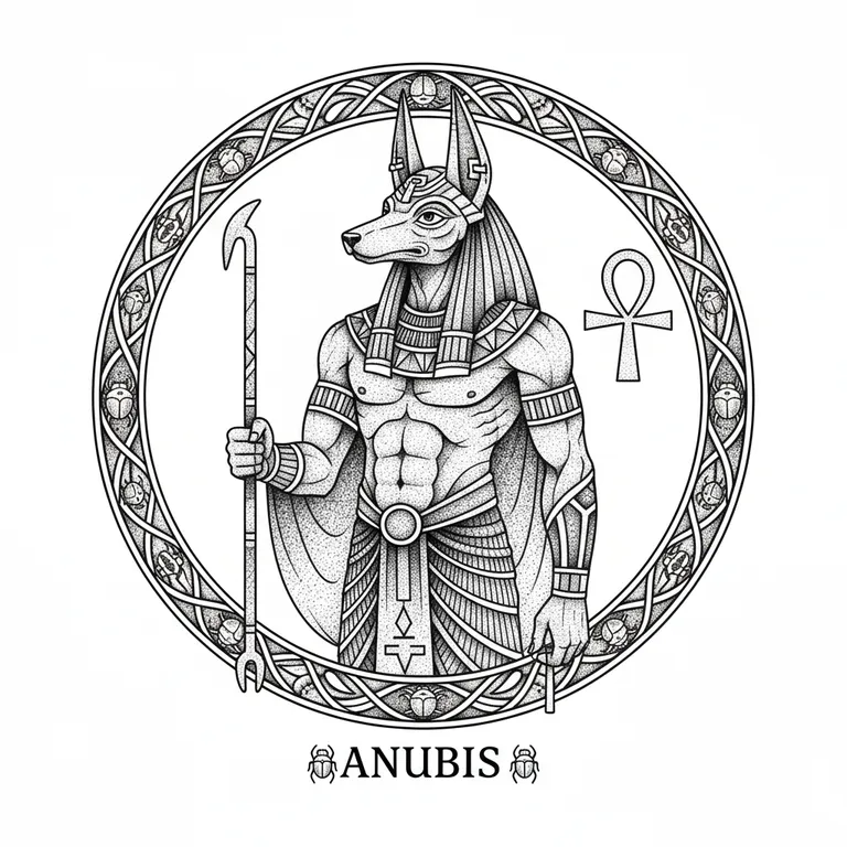 Anubis tattoo design, dotwork shading style