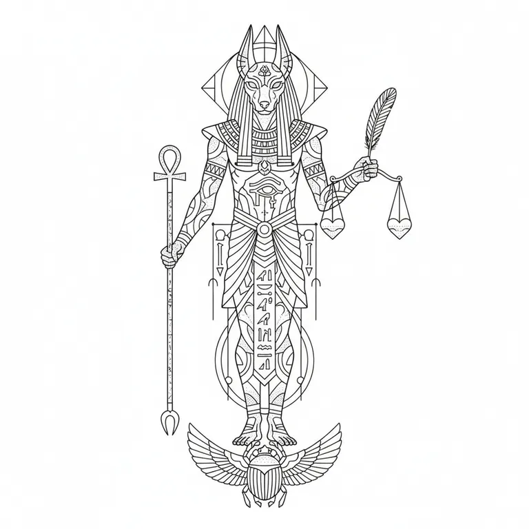 Anubis tattoo design, fine line black ink style