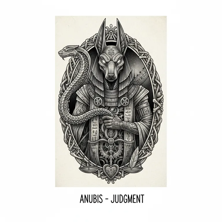 Anubis tattoo design, black and grey realism style