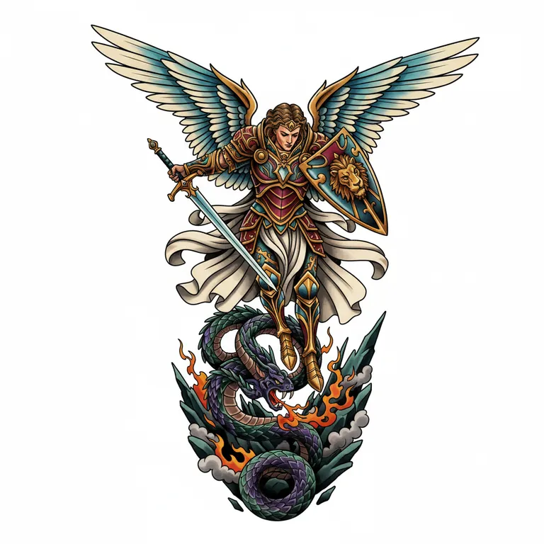 Archangel Michael tattoo design, neo-traditional color style