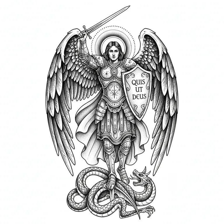 Archangel Michael tattoo design, dotwork shading style