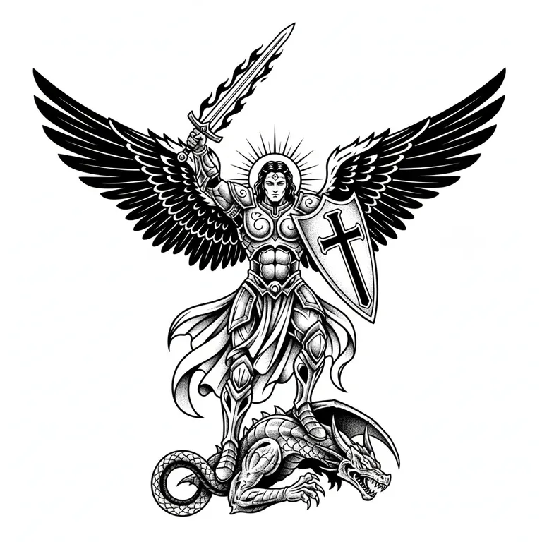 Archangel Michael tattoo design, bold blackwork style