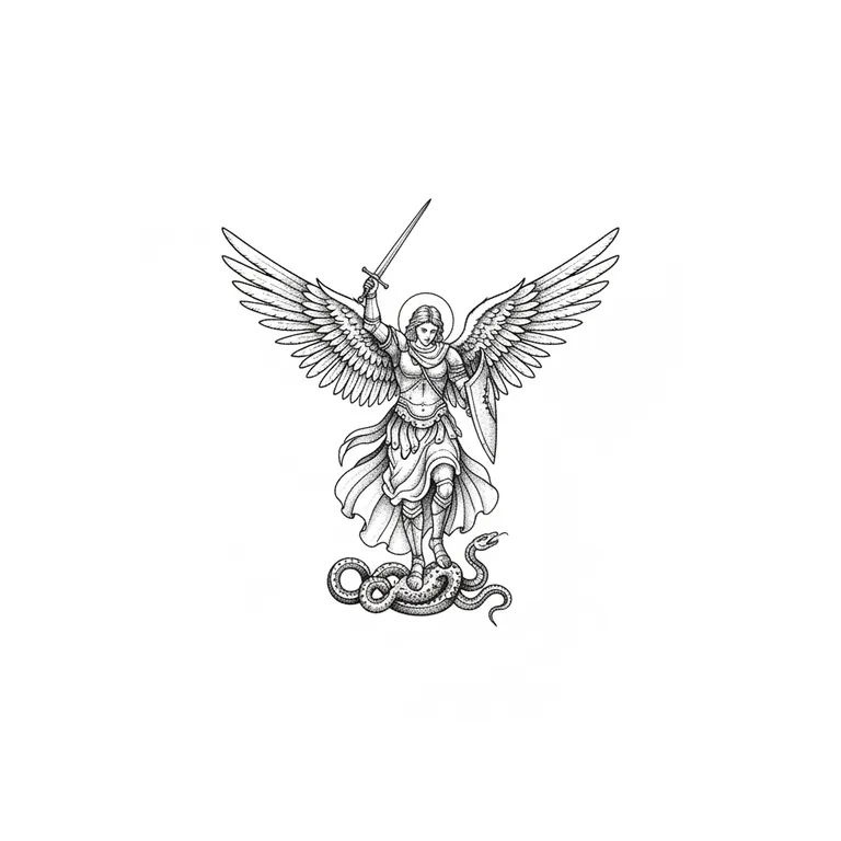 Archangel Michael tattoo design, etching stipple shading style