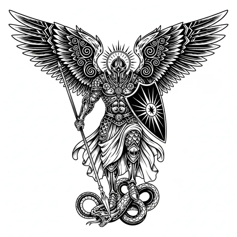 Archangel Michael tattoo design, bold blackwork style