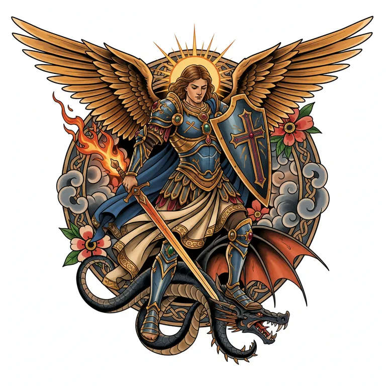 Archangel Michael tattoo design, neo-traditional color style