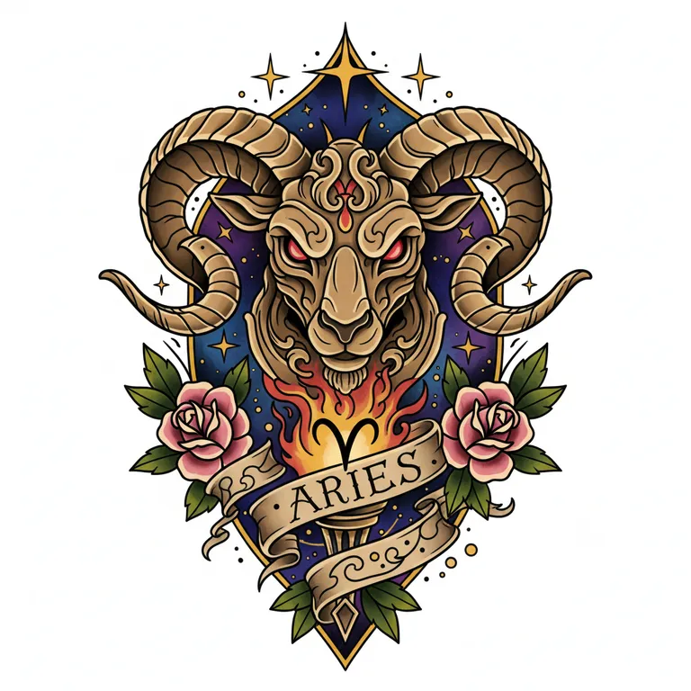 Aries tattoo design, neo-traditional color style