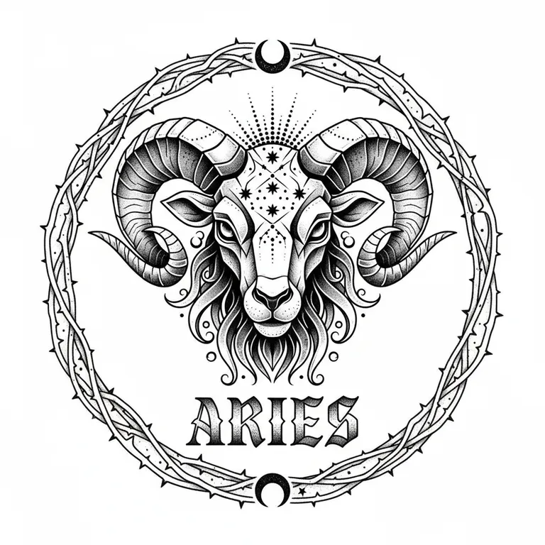 Aries tattoo design, dotwork shading style