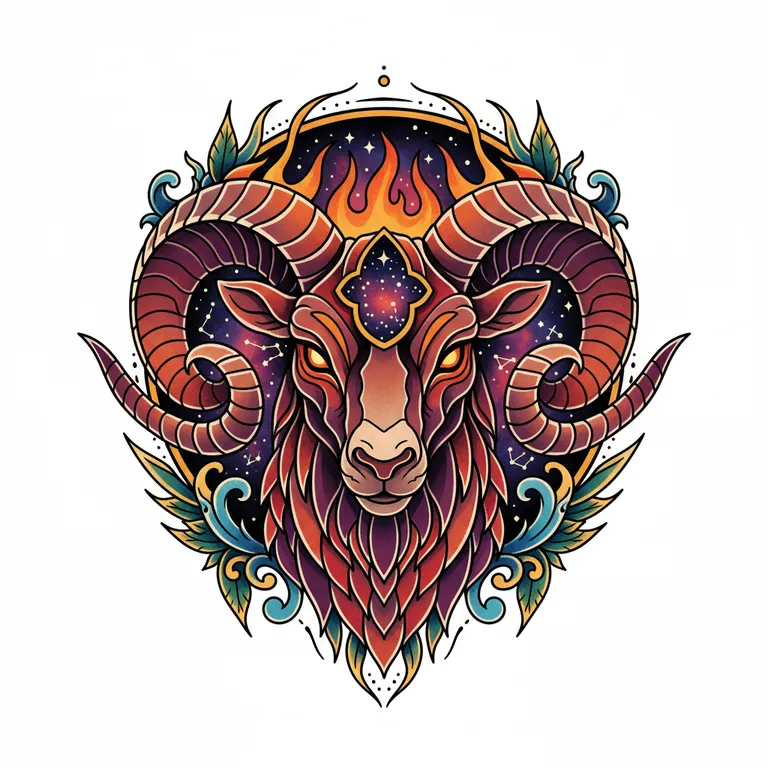 Aries tattoo design, neo-traditional color style