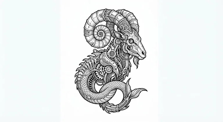 Capricorn tattoo design, fossilized cyber-organic linework style