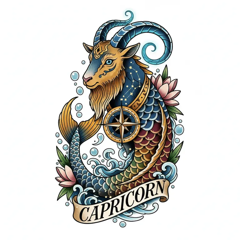 Capricorn tattoo design, neo-traditional color style