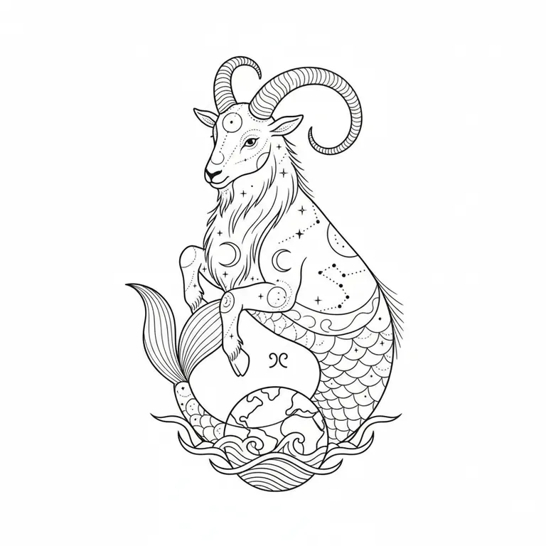 Capricorn tattoo design, fine line black ink style