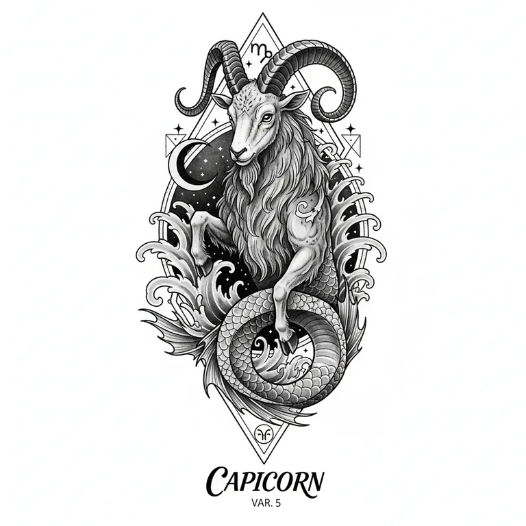 Capricorn tattoo design, black and grey realism style
