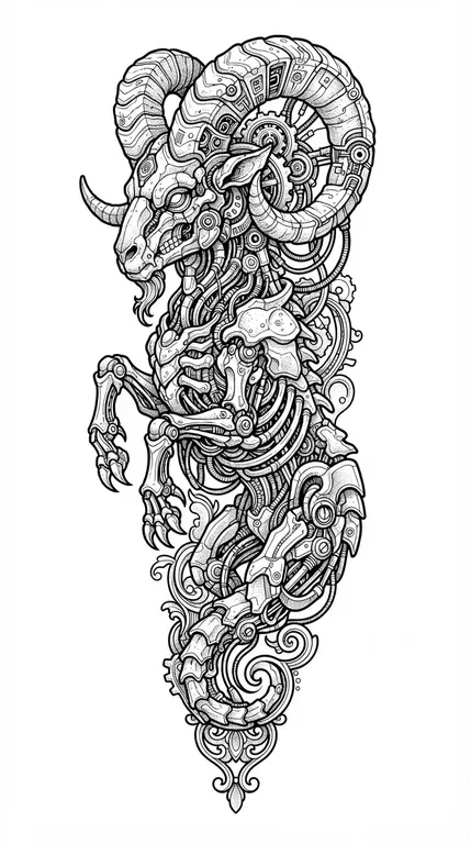 Capricorn tattoo design, fossilized cyber-organic linework style