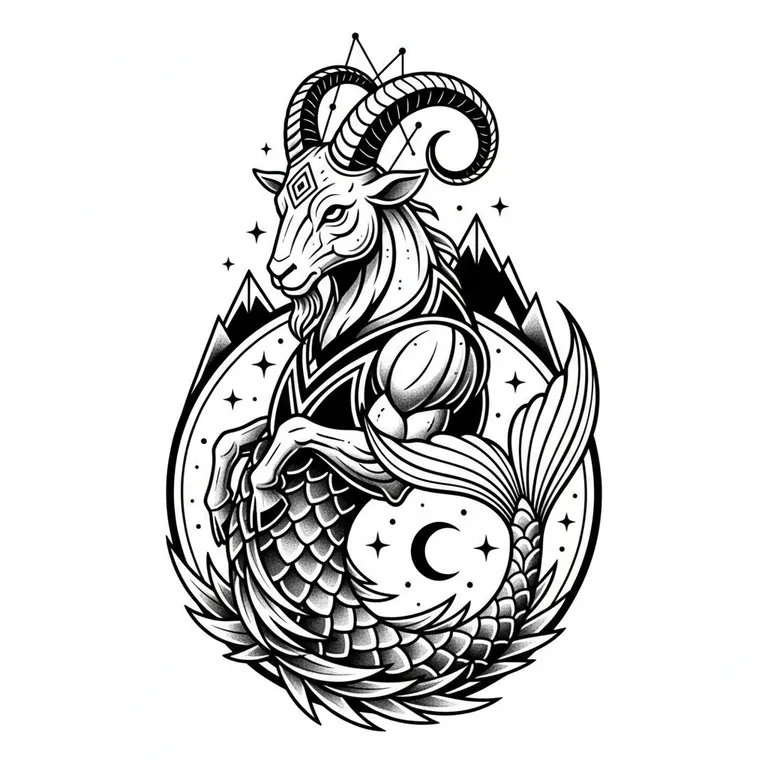 Capricorn tattoo design, bold blackwork style