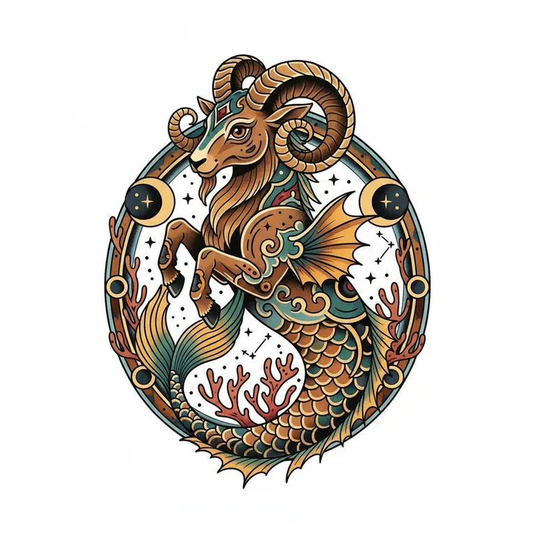 Capricorn tattoo design, neo-traditional color style