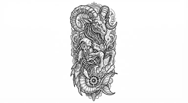Capricorn tattoo design, fossilized cyber-organic linework style
