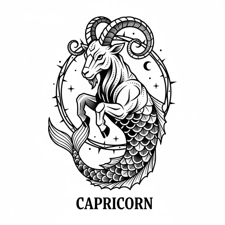 Capricorn tattoo design, bold blackwork style