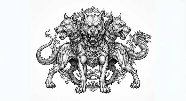 Cerberus tattoo design, antique scientific specimen engraving style