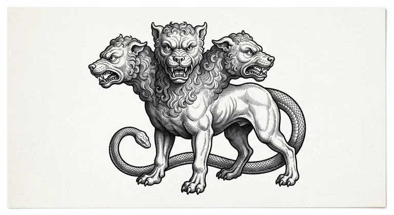 Cerberus tattoo design, antique scientific specimen engraving style