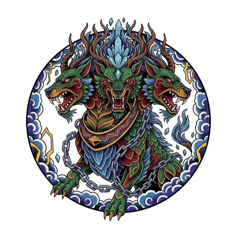Cerberus tattoo design, neo-traditional color style