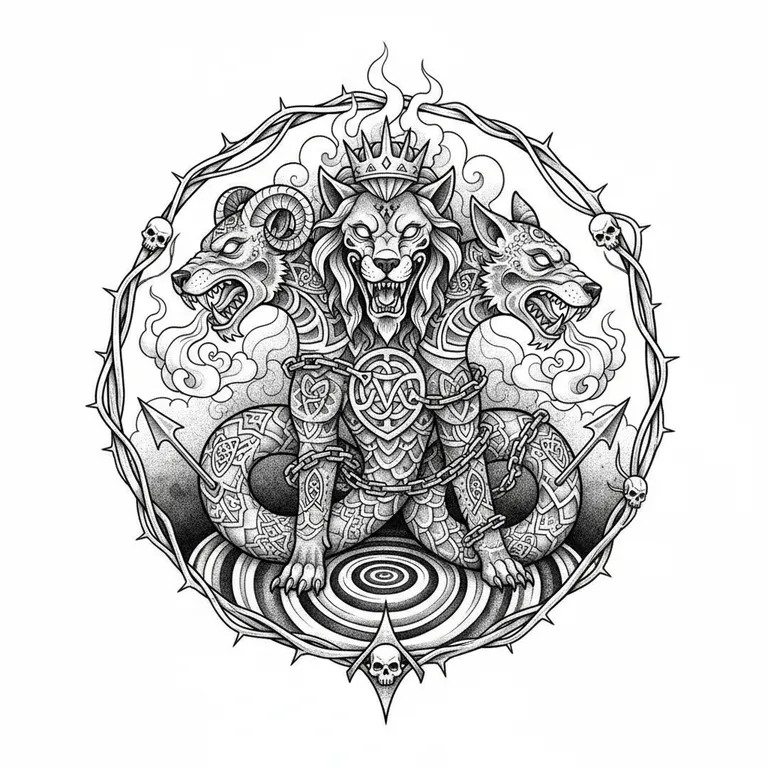 Cerberus tattoo design, dotwork shading style