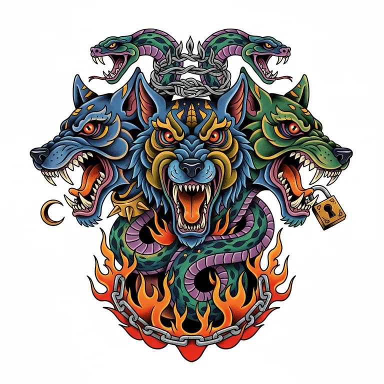 Cerberus tattoo design, neo-traditional color style
