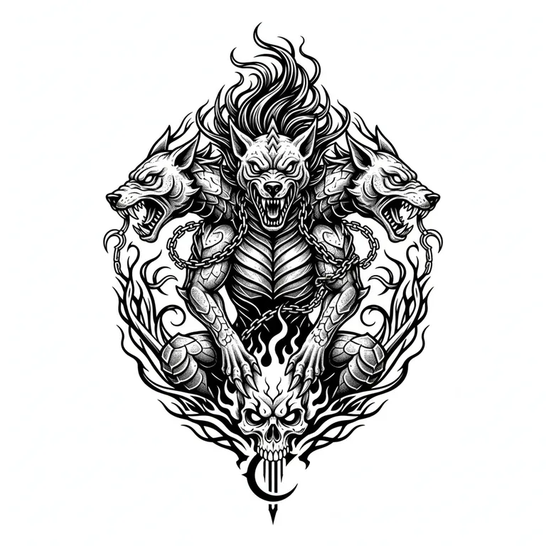 Cerberus tattoo design, bold blackwork style