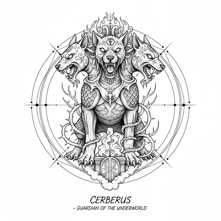 Cerberus tattoo design, fine line black ink style