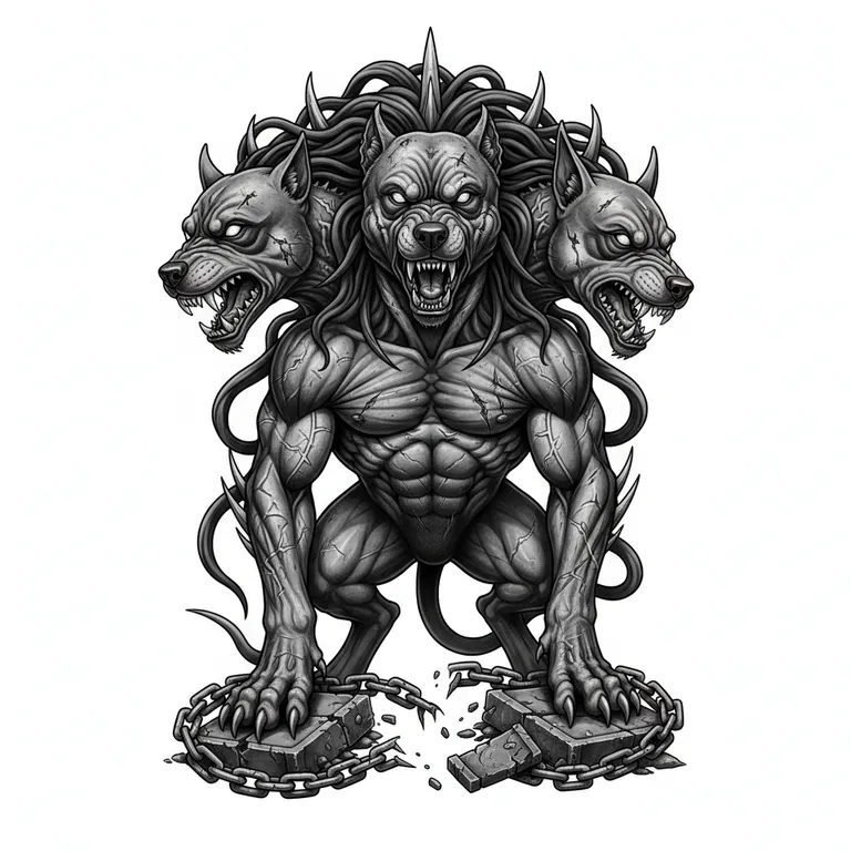 Cerberus tattoo design, black and grey realism style