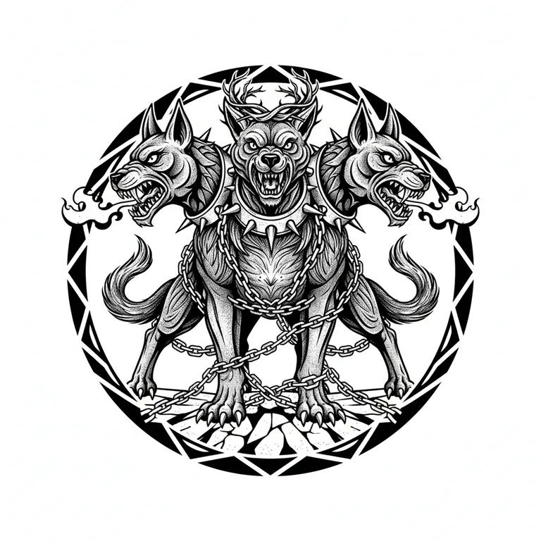 Cerberus tattoo design, bold blackwork style