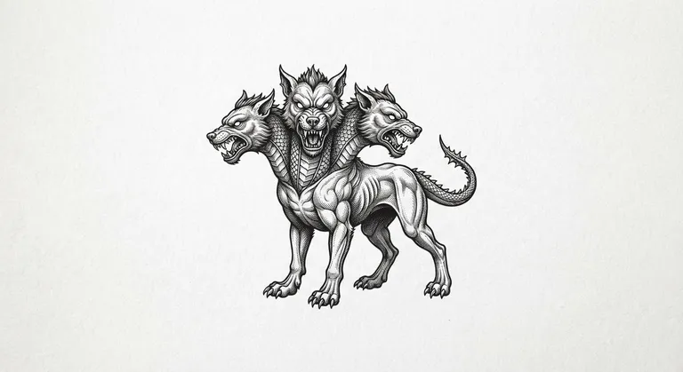 Cerberus tattoo design, antique scientific specimen engraving style