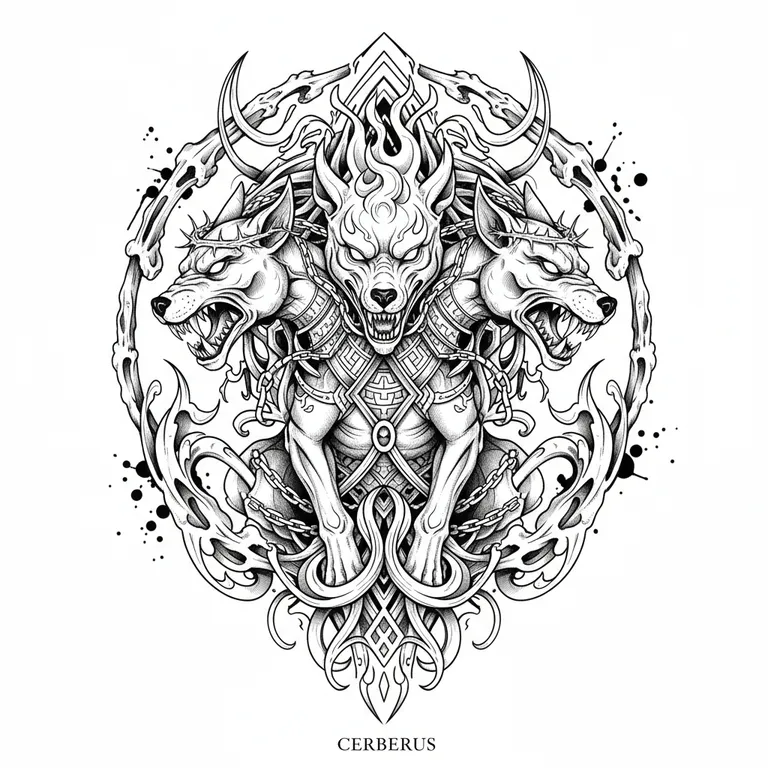 Cerberus tattoo design, fine line black ink style