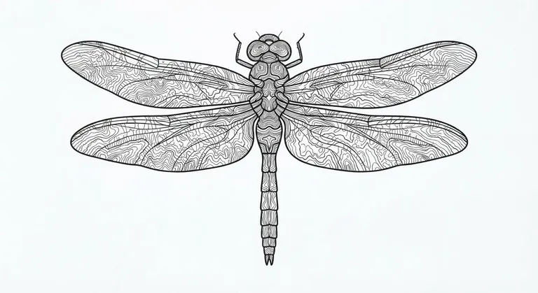 Dragonfly tattoo design, topographic contour line tattoo style