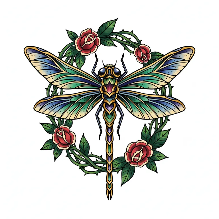 Dragonfly tattoo design, neo-traditional color style