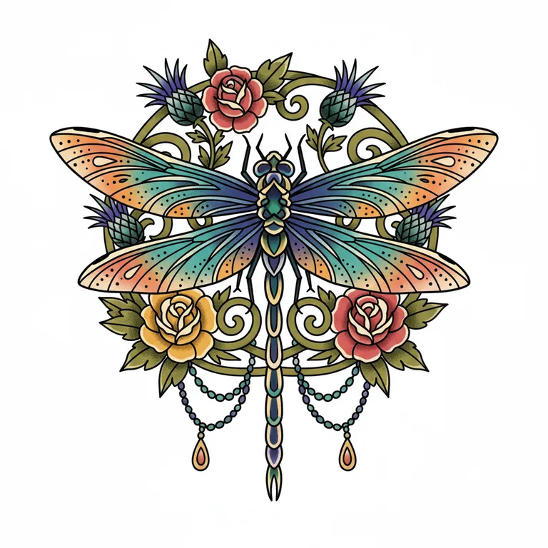 Dragonfly tattoo design, neo-traditional color style