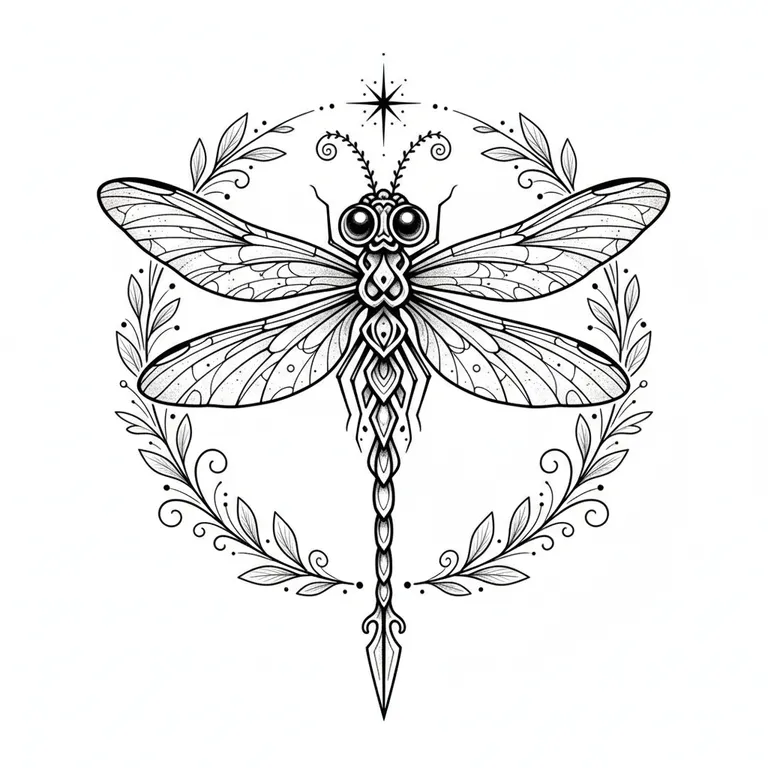 Dragonfly tattoo design, fine line black ink style