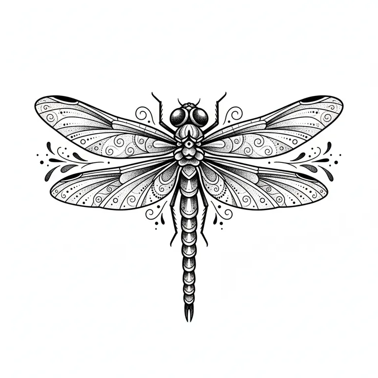 Dragonfly tattoo design, dotwork shading style