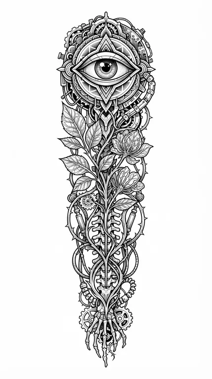 Evil Eye tattoo design, biomechanical botanical x-ray blackwork style
