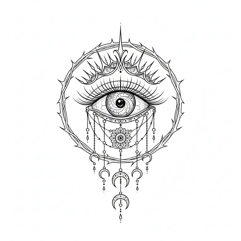 Evil Eye tattoo design, fine line black ink style